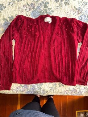 Vintage Red Bolero Cardigan/ Shrug w. decorative pom-pom embellishments